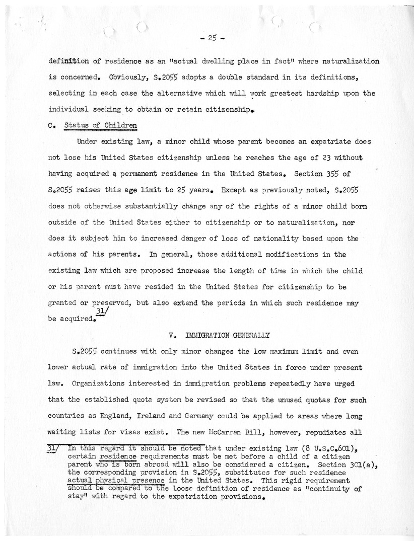 Report, "The Position of Immigrants Under the McCarran Omnibus Immigration Bill," by Felix S. Cohen