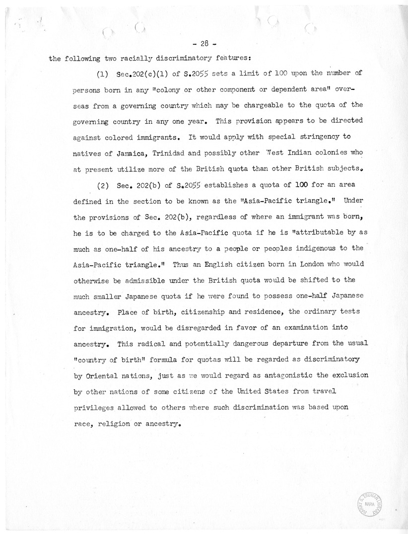 Report, "The Position of Immigrants Under the McCarran Omnibus Immigration Bill," by Felix S. Cohen