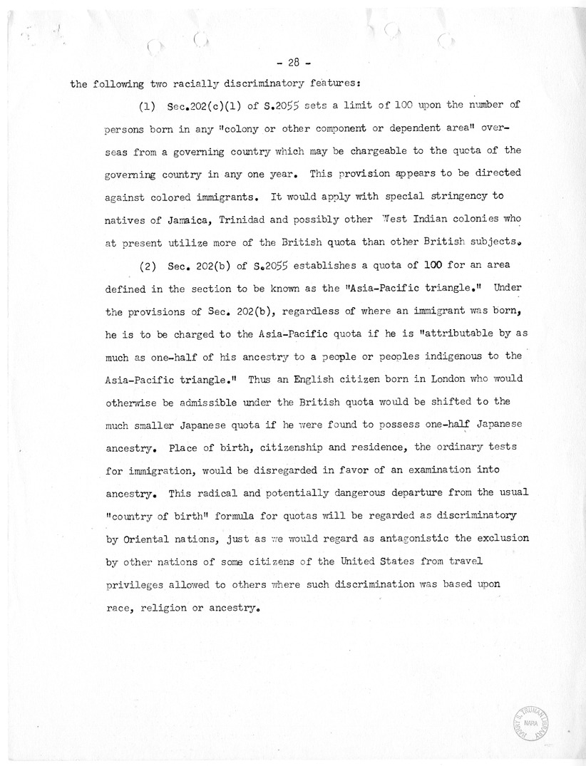 Report, "The Position of Immigrants Under the McCarran Omnibus Immigration Bill," by Felix S. Cohen