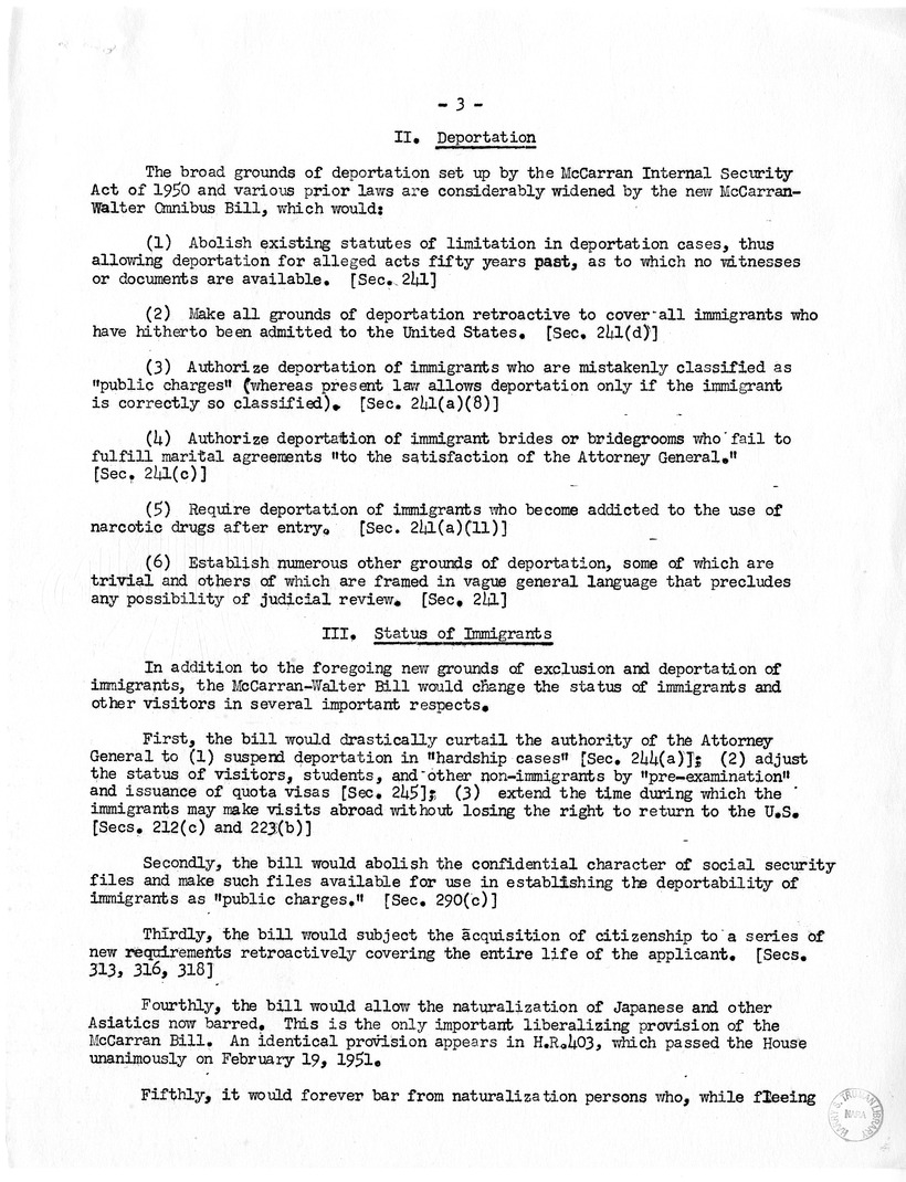 Memorandum, "Summary of McCarran-Walter Omnibus Immigration Bill"