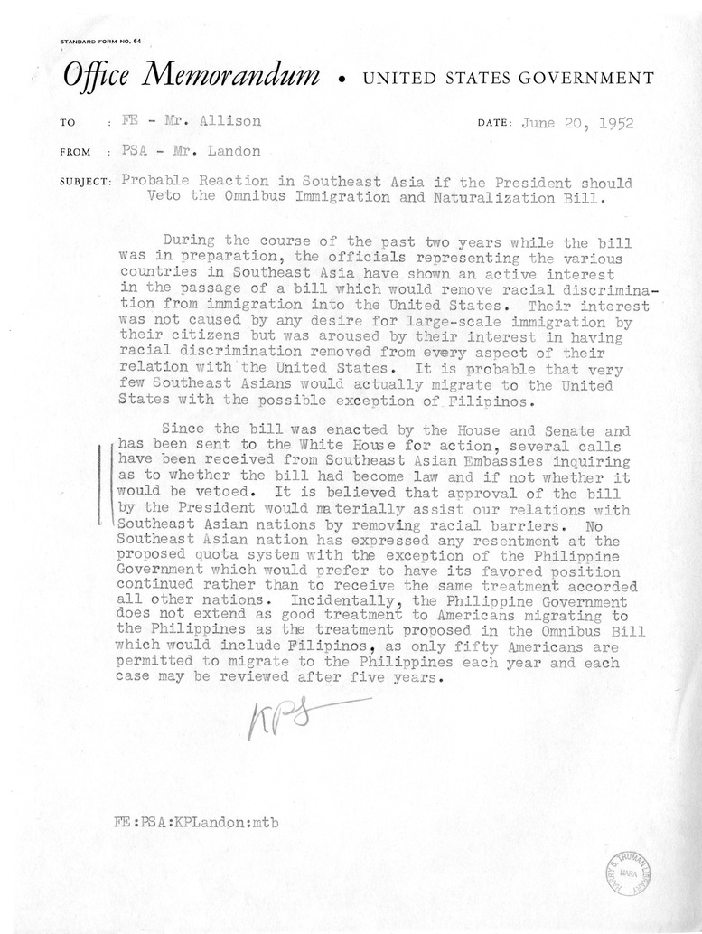 Memorandum from Miss Bacon to John M. Allison with Related Correspondence