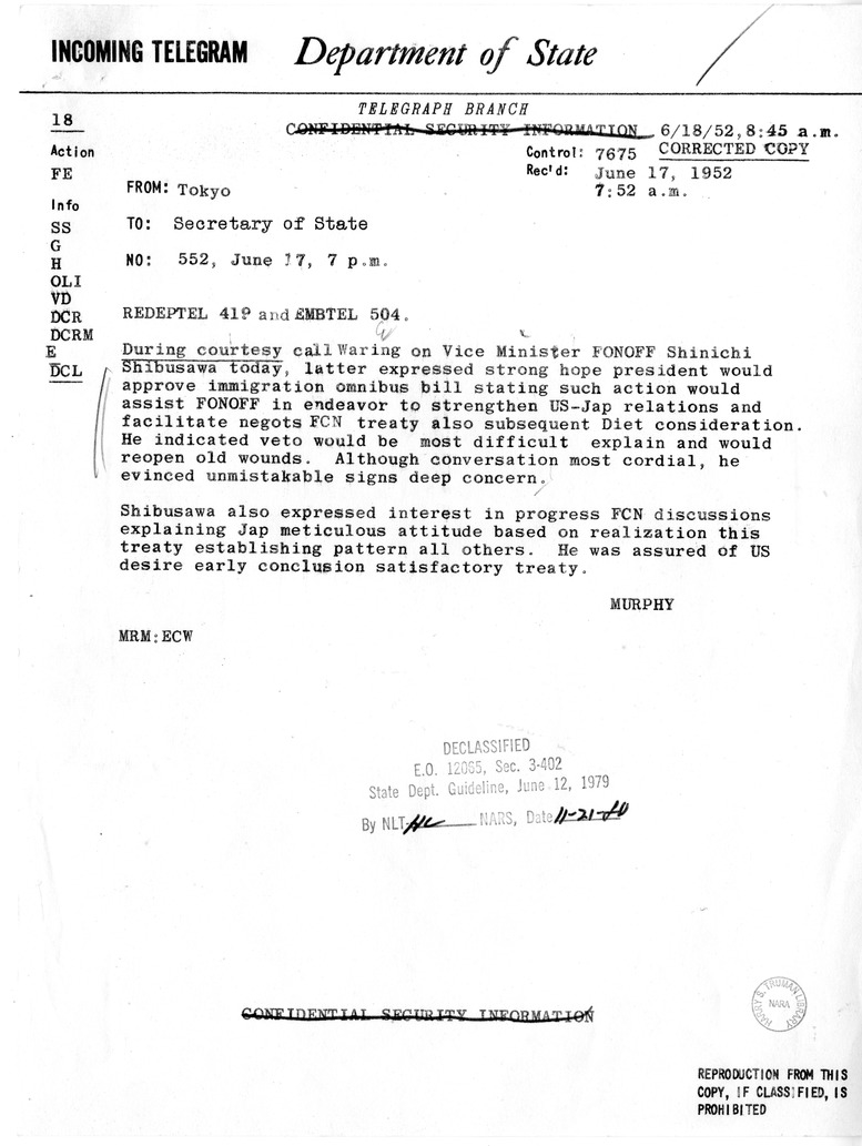Memorandum from Miss Bacon to John M. Allison with Related Correspondence