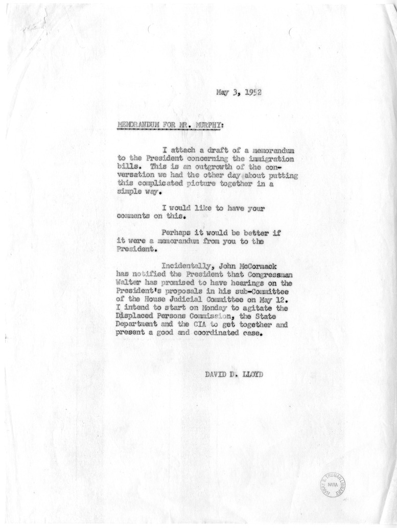 Memorandum from David D. Lloyd to Charles Murphy
