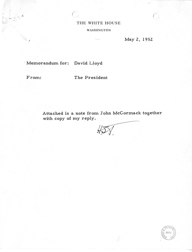 Memorandum from President Harry S. Truman to David D. Lloyd with Attachments