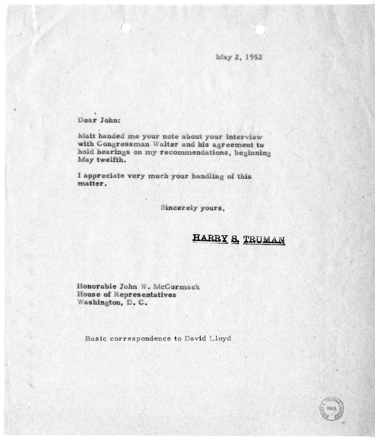 Memorandum from President Harry S. Truman to David D. Lloyd with Attachments