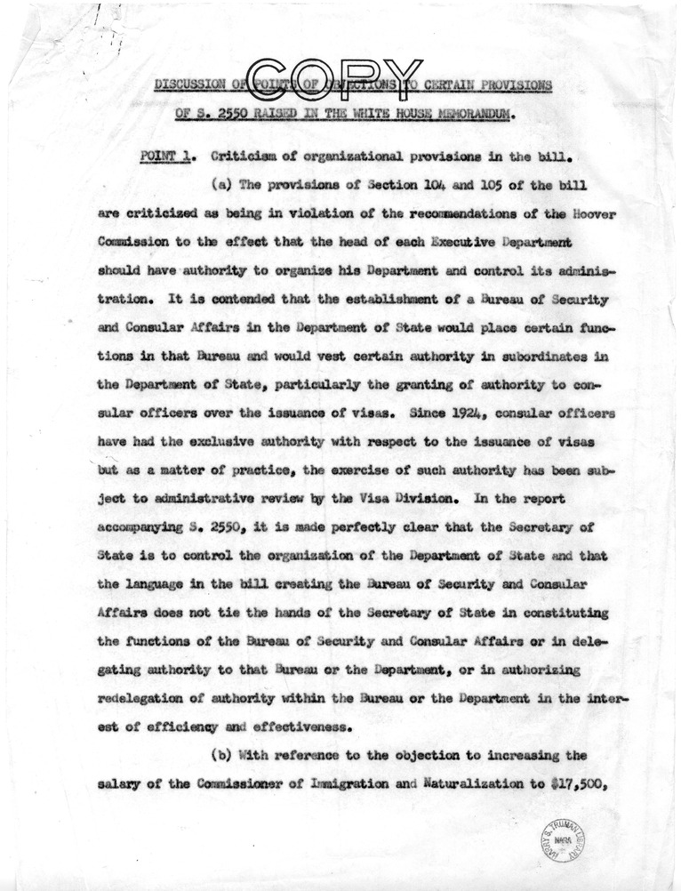 Memorandum, "Discussion of Points of Objections to Certain Provisions of S. 2550 Raised in the White House Memorandum"