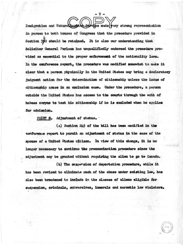 Memorandum, "Discussion of Points of Objections to Certain Provisions of S. 2550 Raised in the White House Memorandum"