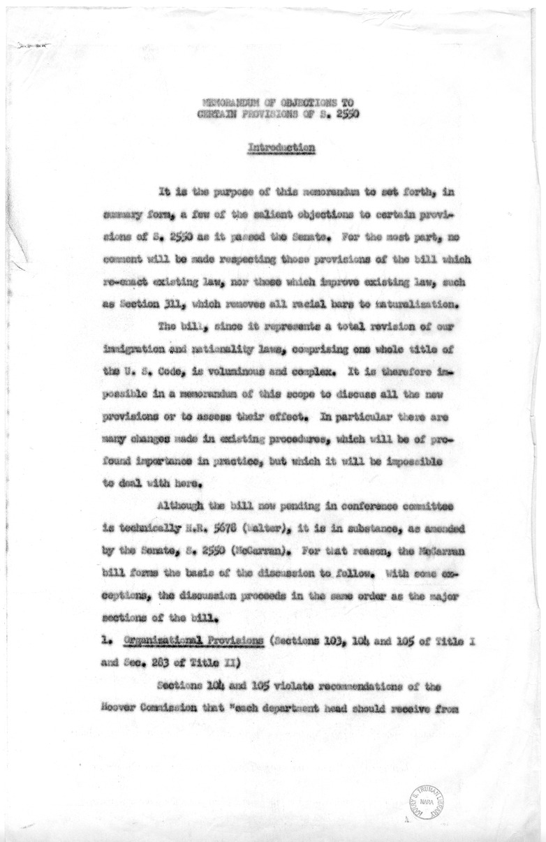 Memorandum, "Discussion of Points of Objections to Certain Provisions of S. 2550 Raised in the White House Memorandum"