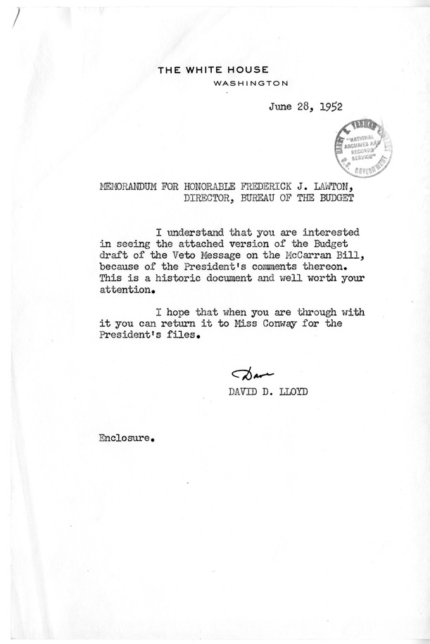 Memorandum from David D. Lloyd to Frederick J. Lawton with Attached Speech Draft