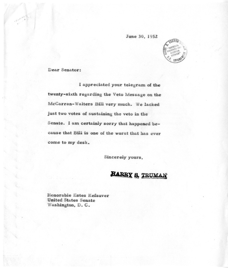 Correspondence Between Senator Estes Kefauver and President Harry S. Truman