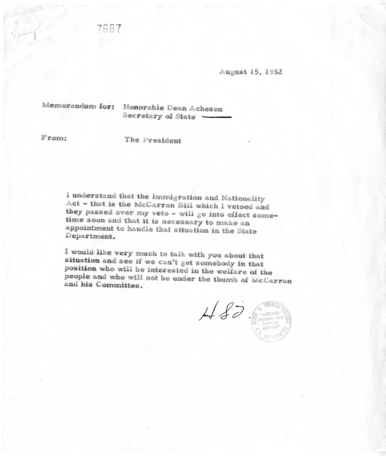 Memorandum from President Harry S. Truman to Secretary of State Dean Acheson, with Attachment