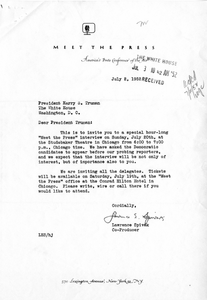 Lawrence Spivak to Harry S. Truman, With Reply From Joseph Short