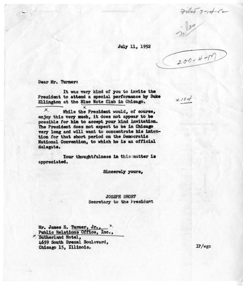 James E. Turner to Harry S. Truman, With Reply From Joseph Short and Related Material