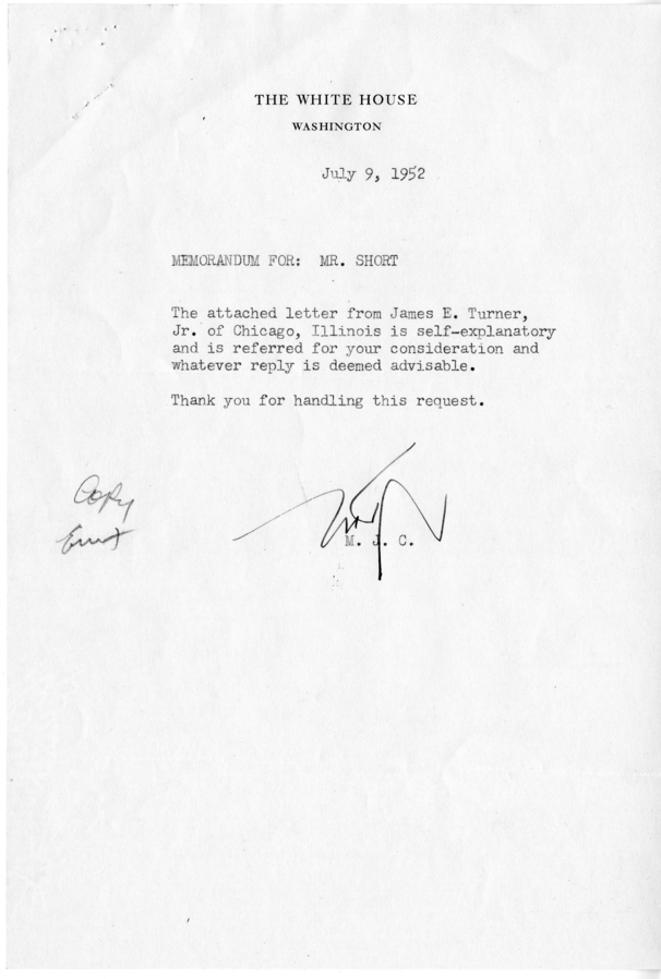 James E. Turner to Harry S. Truman, With Reply From Joseph Short and Related Material