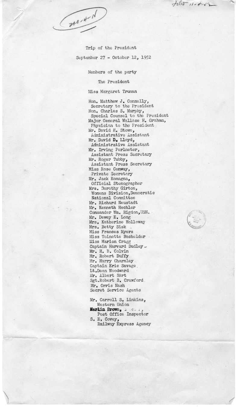 Itinerary for Campaign Trip Through California, Colorado, Idaho, Illinois, Indiana, Iowa, Minnesota, Missouri, Montana, Nebraska, Nevada, New York, North Dakota, Ohio, Oregon, Pennsylvania, Utah, Washington, and Wisconsin