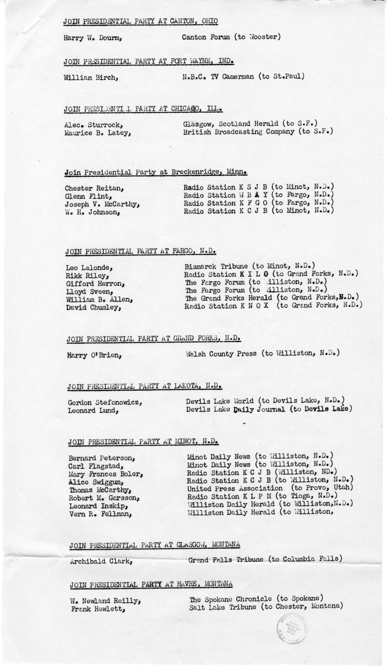 Itinerary for Campaign Trip Through California, Colorado, Idaho, Illinois, Indiana, Iowa, Minnesota, Missouri, Montana, Nebraska, Nevada, New York, North Dakota, Ohio, Oregon, Pennsylvania, Utah, Washington, and Wisconsin