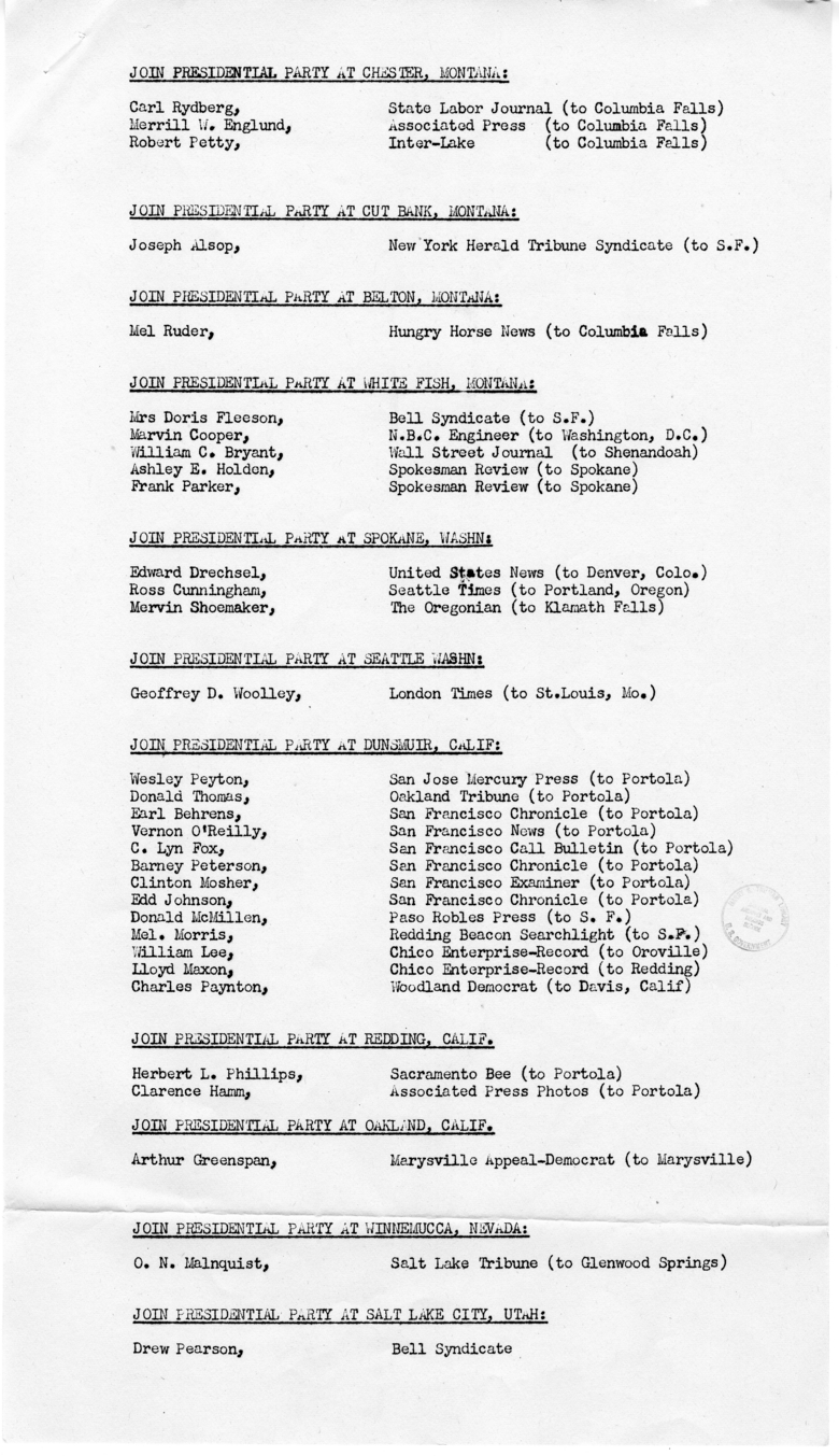 Itinerary for Campaign Trip Through California, Colorado, Idaho, Illinois, Indiana, Iowa, Minnesota, Missouri, Montana, Nebraska, Nevada, New York, North Dakota, Ohio, Oregon, Pennsylvania, Utah, Washington, and Wisconsin