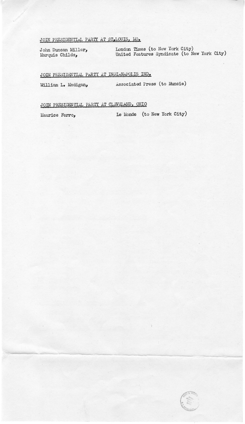 Itinerary for Campaign Trip Through California, Colorado, Idaho, Illinois, Indiana, Iowa, Minnesota, Missouri, Montana, Nebraska, Nevada, New York, North Dakota, Ohio, Oregon, Pennsylvania, Utah, Washington, and Wisconsin