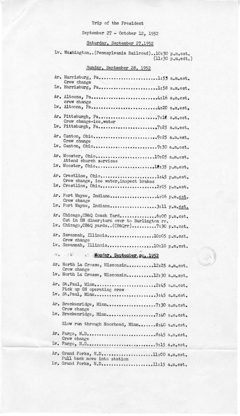 Itinerary for Campaign Trip Through California, Colorado, Idaho, Illinois, Indiana, Iowa, Minnesota, Missouri, Montana, Nebraska, Nevada, New York, North Dakota, Ohio, Oregon, Pennsylvania, Utah, Washington, and Wisconsin