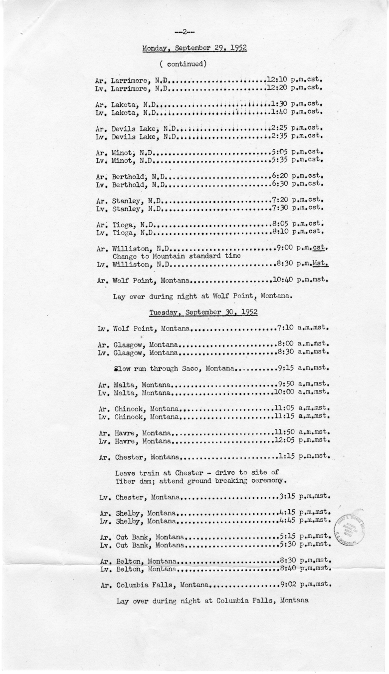 Itinerary for Campaign Trip Through California, Colorado, Idaho, Illinois, Indiana, Iowa, Minnesota, Missouri, Montana, Nebraska, Nevada, New York, North Dakota, Ohio, Oregon, Pennsylvania, Utah, Washington, and Wisconsin