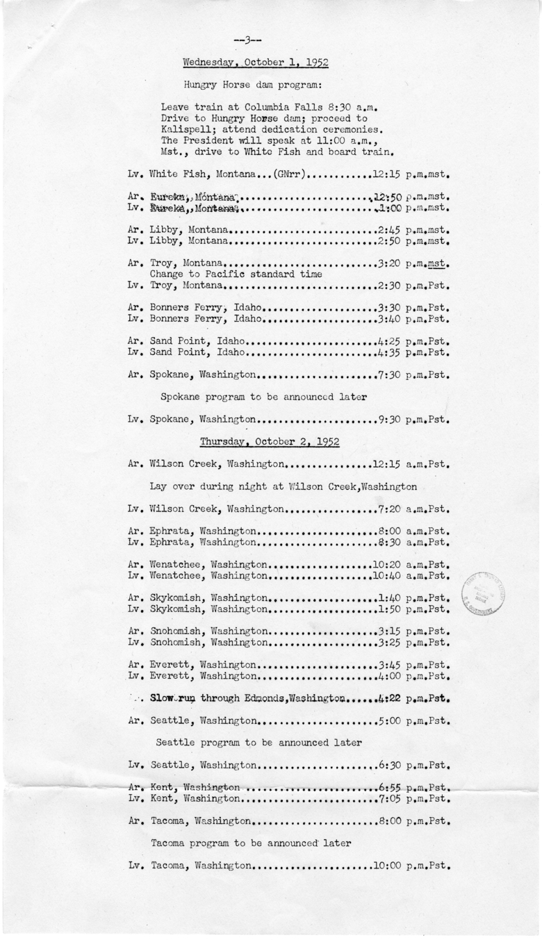 Itinerary for Campaign Trip Through California, Colorado, Idaho, Illinois, Indiana, Iowa, Minnesota, Missouri, Montana, Nebraska, Nevada, New York, North Dakota, Ohio, Oregon, Pennsylvania, Utah, Washington, and Wisconsin