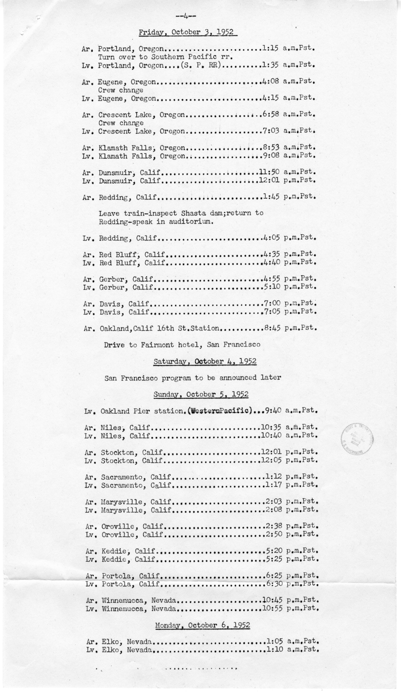 Itinerary for Campaign Trip Through California, Colorado, Idaho, Illinois, Indiana, Iowa, Minnesota, Missouri, Montana, Nebraska, Nevada, New York, North Dakota, Ohio, Oregon, Pennsylvania, Utah, Washington, and Wisconsin