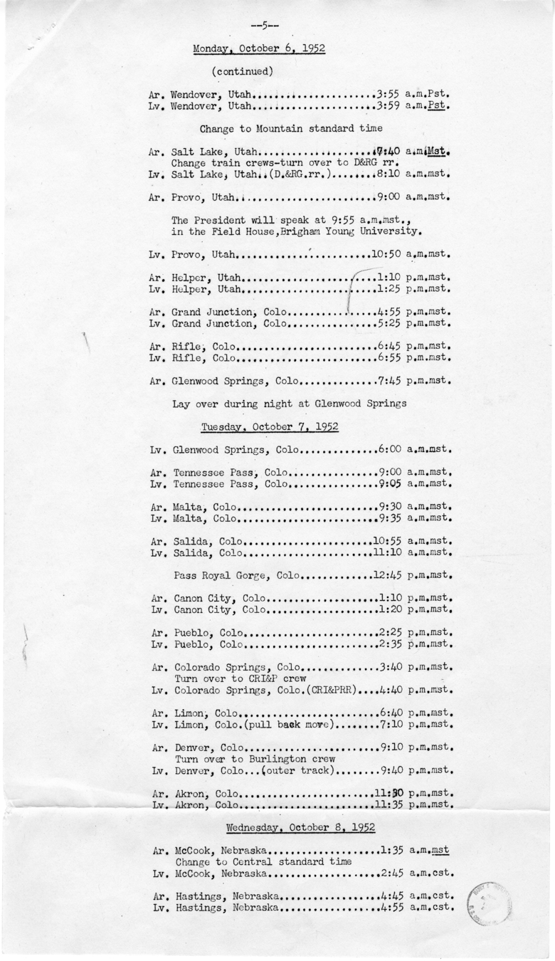 Itinerary for Campaign Trip Through California, Colorado, Idaho, Illinois, Indiana, Iowa, Minnesota, Missouri, Montana, Nebraska, Nevada, New York, North Dakota, Ohio, Oregon, Pennsylvania, Utah, Washington, and Wisconsin