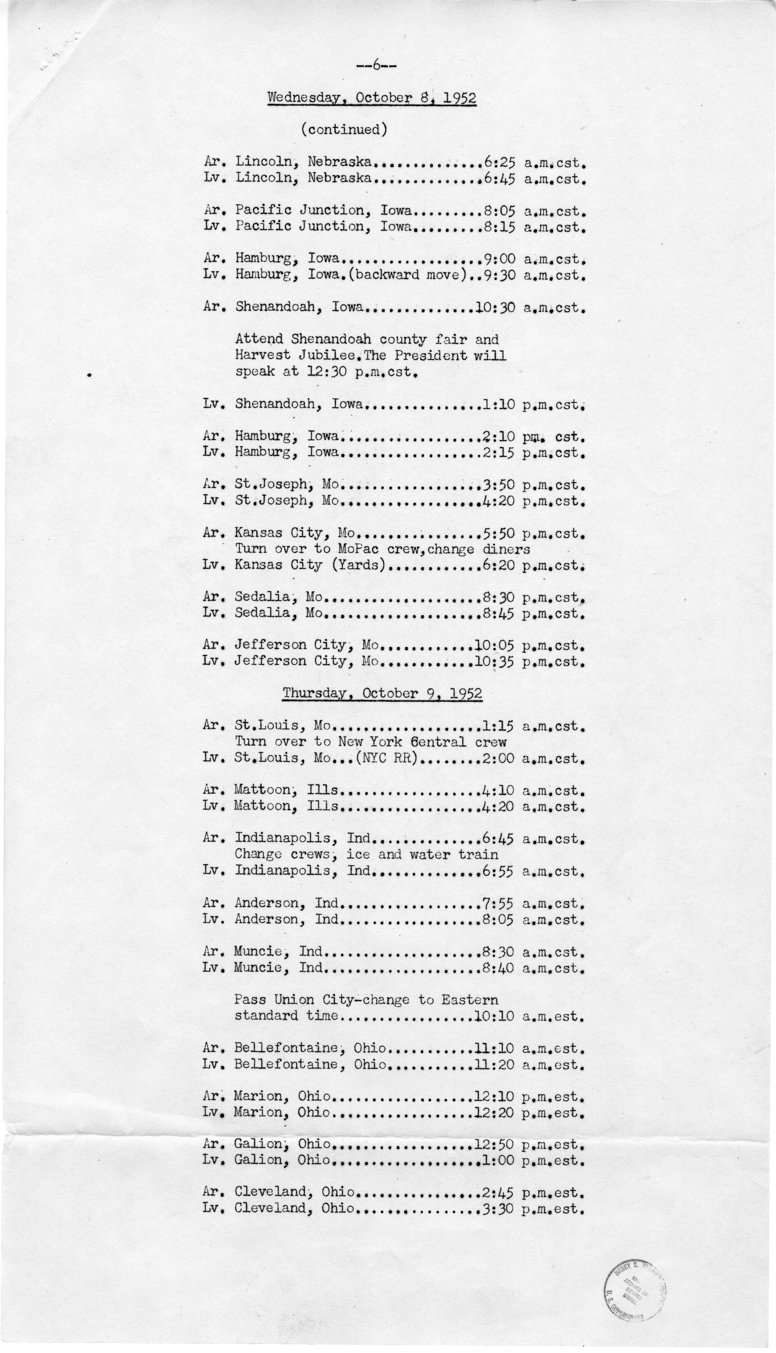 Itinerary for Campaign Trip Through California, Colorado, Idaho, Illinois, Indiana, Iowa, Minnesota, Missouri, Montana, Nebraska, Nevada, New York, North Dakota, Ohio, Oregon, Pennsylvania, Utah, Washington, and Wisconsin