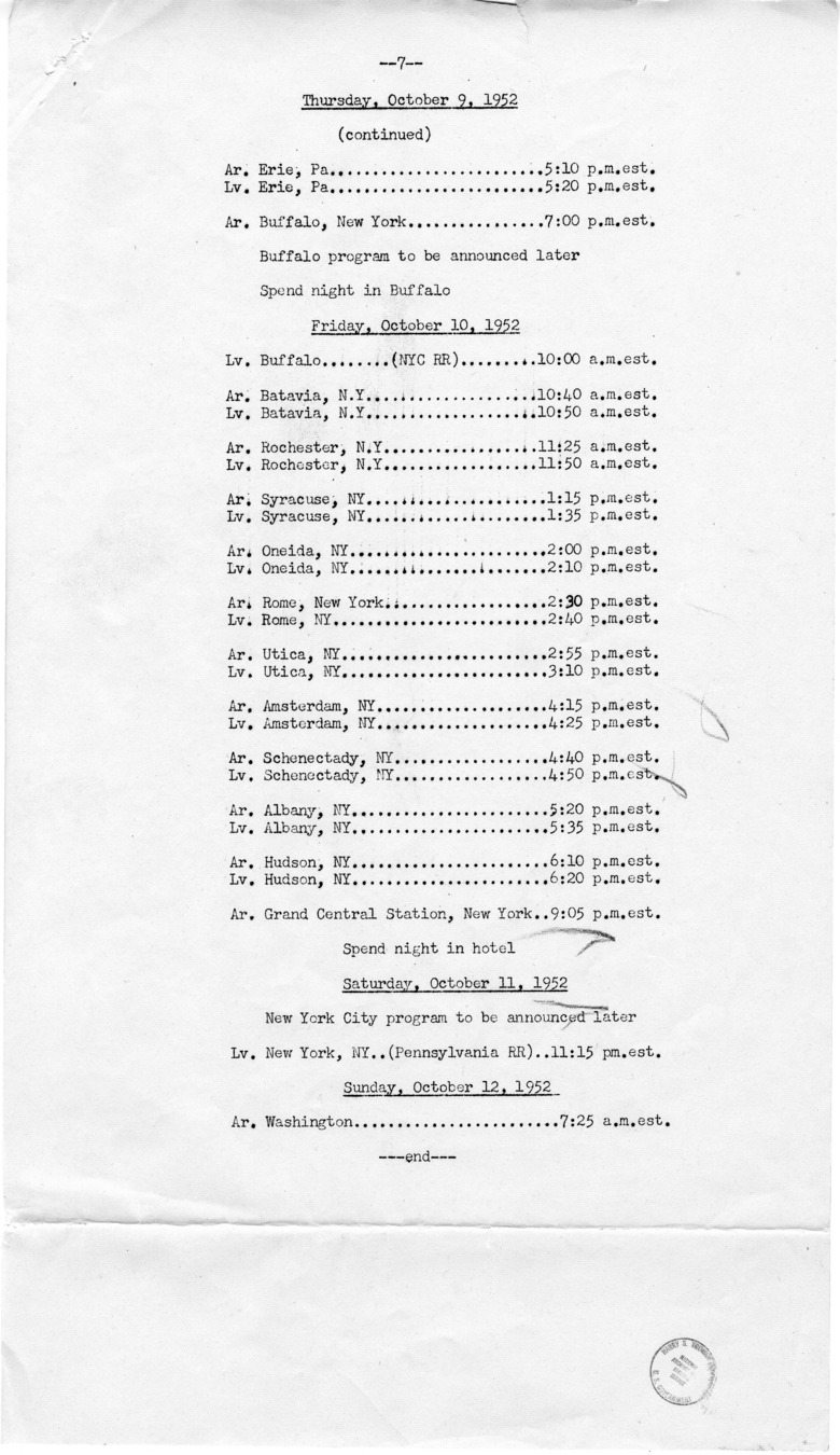 Itinerary for Campaign Trip Through California, Colorado, Idaho, Illinois, Indiana, Iowa, Minnesota, Missouri, Montana, Nebraska, Nevada, New York, North Dakota, Ohio, Oregon, Pennsylvania, Utah, Washington, and Wisconsin