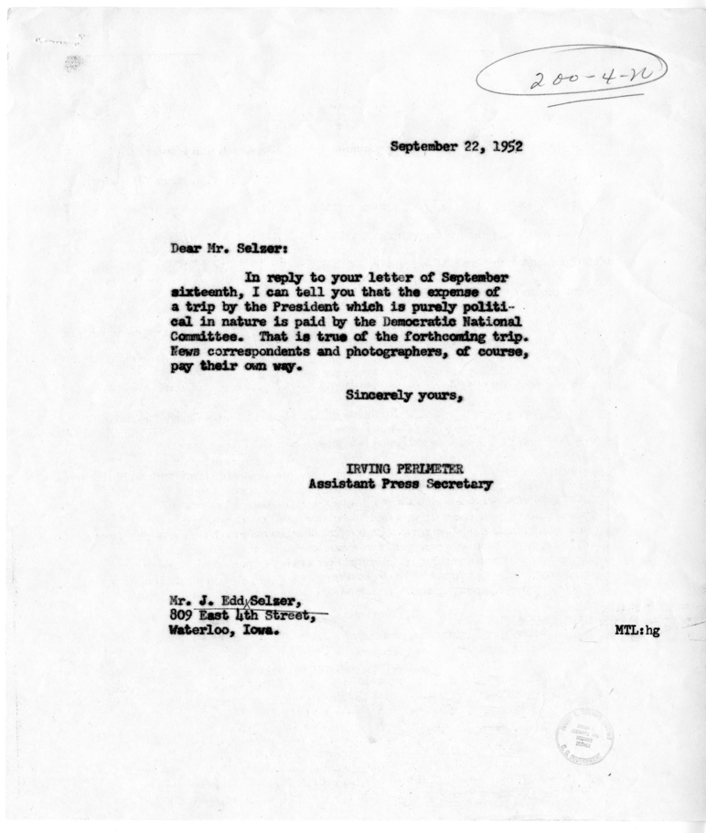 J. Edd Selzer to Harry S. Truman with Reply from Irving Perlmeter