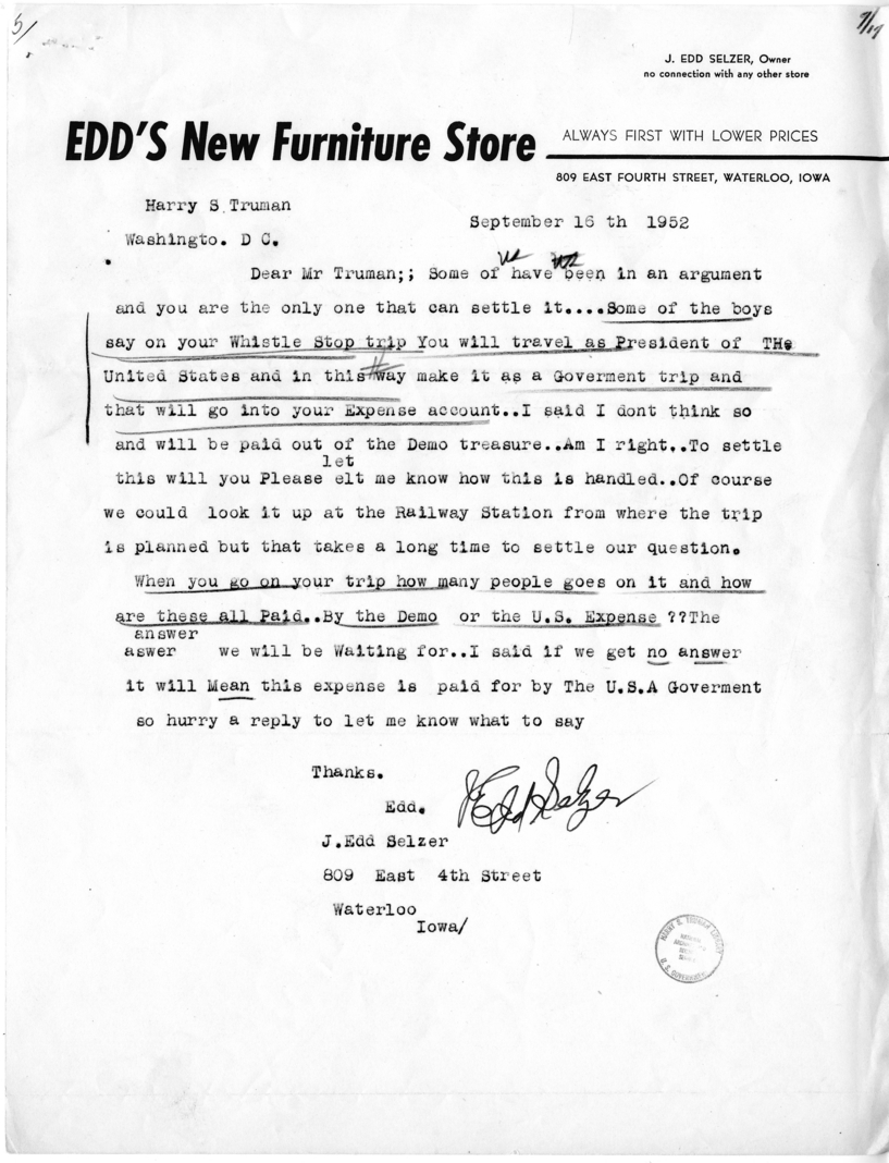 J. Edd Selzer to Harry S. Truman with Reply from Irving Perlmeter