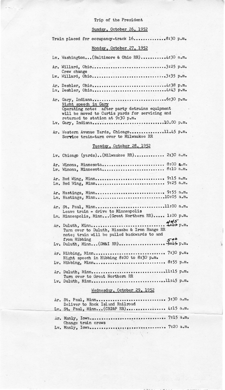 Trip Itinerary of Campaign Trip to Illinois, Indiana, Iowa, Michigan, Minnesota, Missouri, and Ohio