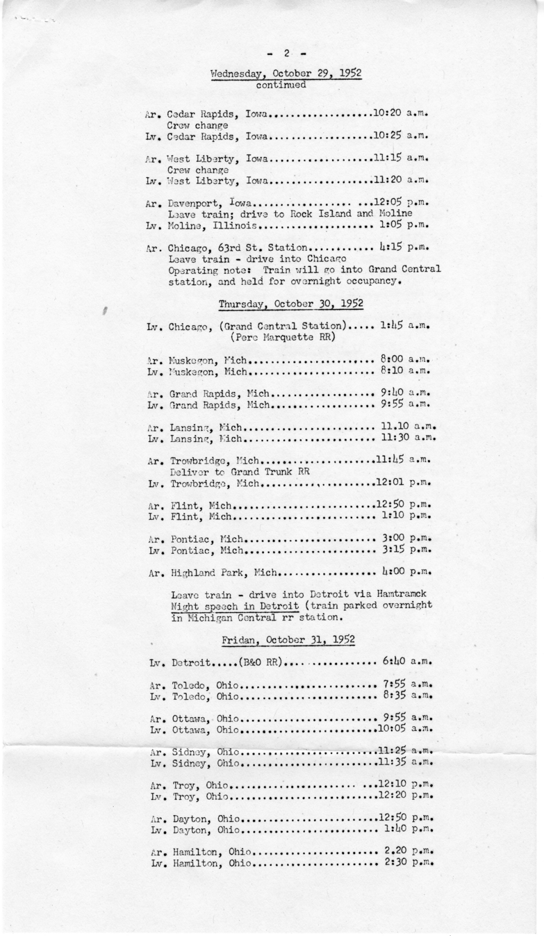 Trip Itinerary of Campaign Trip to Illinois, Indiana, Iowa, Michigan, Minnesota, Missouri, and Ohio