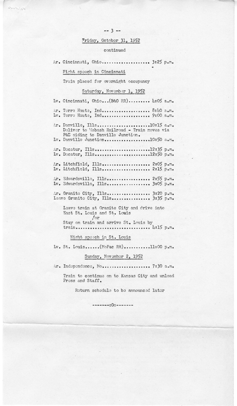 Trip Itinerary of Campaign Trip to Illinois, Indiana, Iowa, Michigan, Minnesota, Missouri, and Ohio