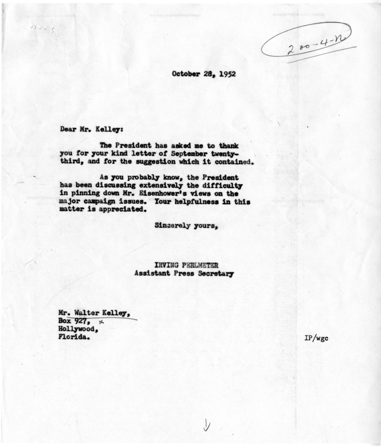 Walter Kelley to Harry S. Truman with Reply from Irving Perlmeter