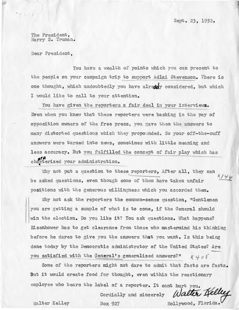Walter Kelley to Harry S. Truman with Reply from Irving Perlmeter