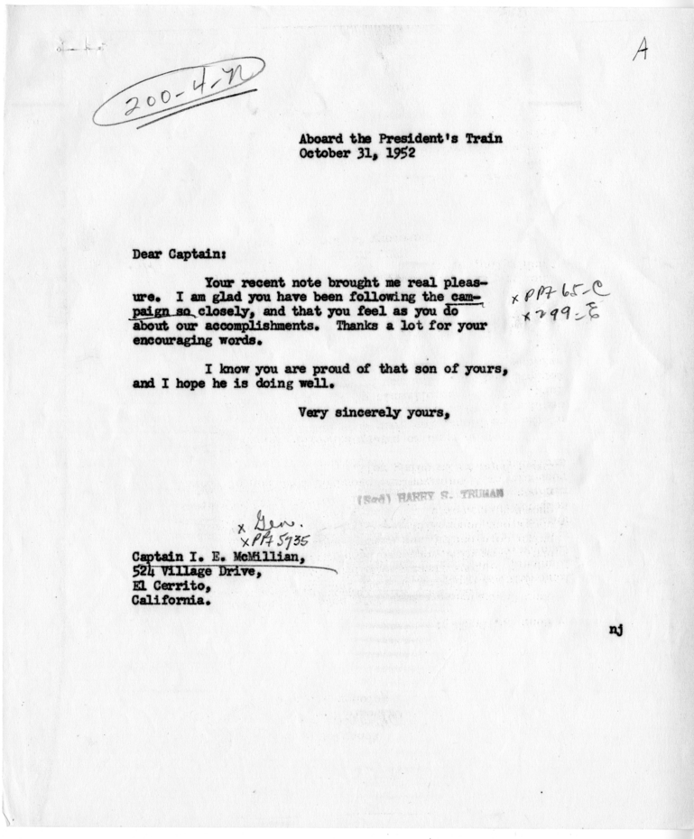 Correspondence Between Captain I. E. McMillian and Harry S. Truman