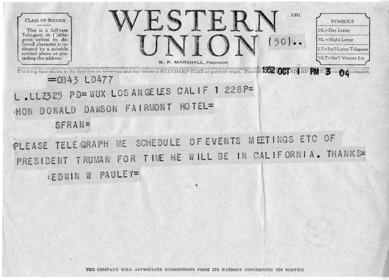 Correspondence Between Donald Dawson and Edwin Pauley