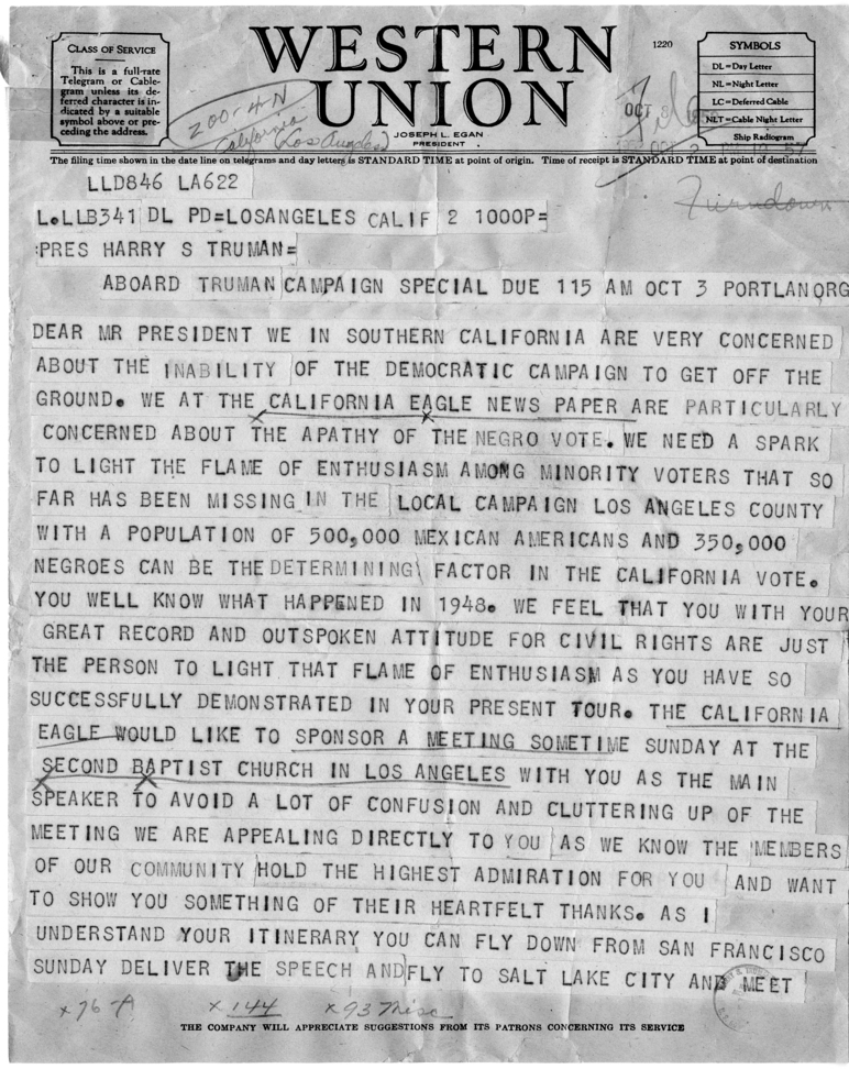 Telegram, Loren Miller to Harry S. Truman