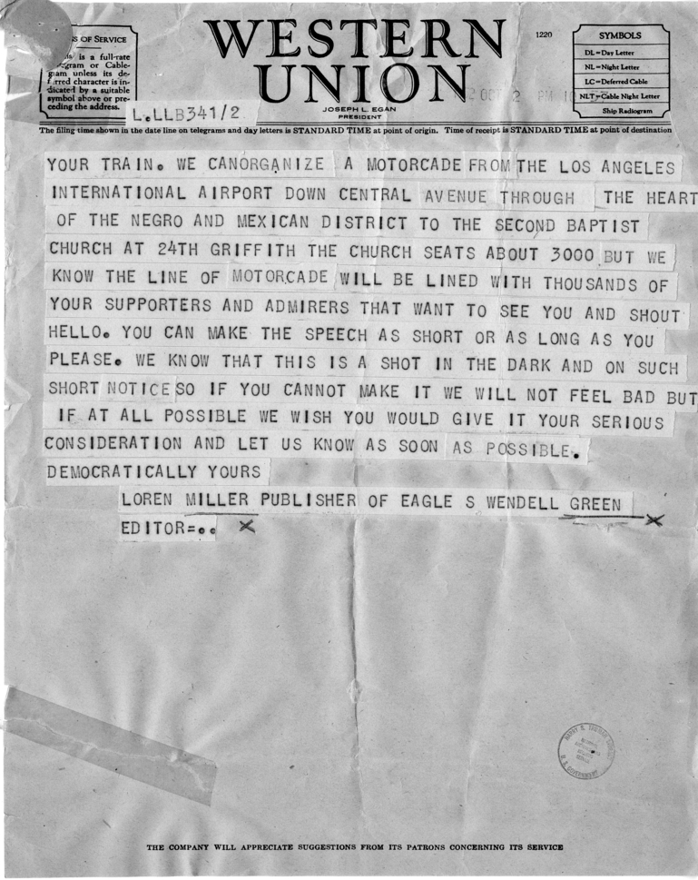 Telegram, Loren Miller to Harry S. Truman
