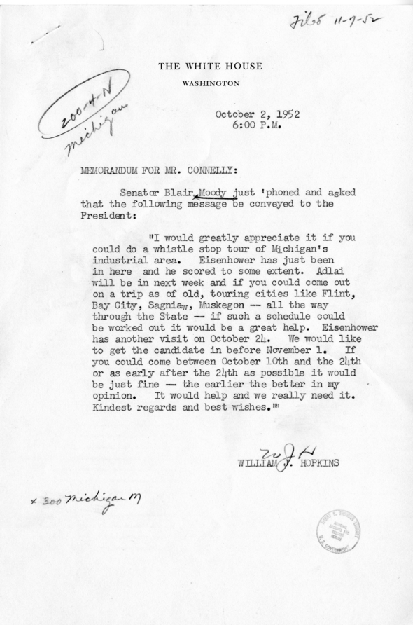 Memorandum, William J. Hopkins to Matthew Connelly