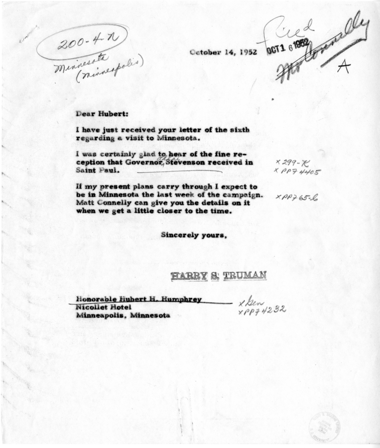 Correspondence Between Hubert H. Humphrey and Harry S. Truman