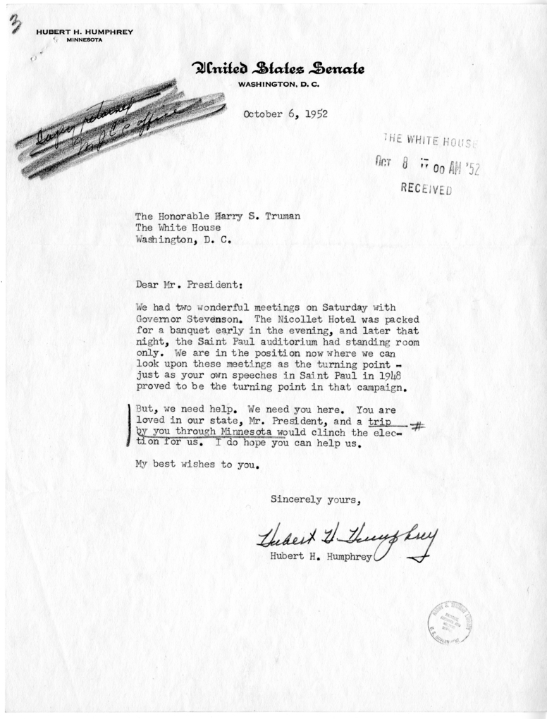 Correspondence Between Hubert H. Humphrey and Harry S. Truman
