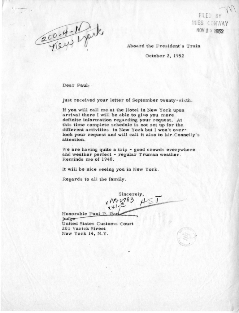Paul Rao to Rose Conway, With Reply From Harry S. Truman
