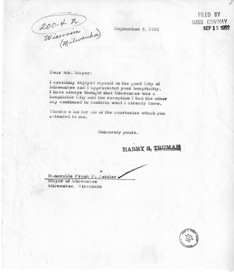 Correspondence Between Frank Zeidler and Harry S. Truman