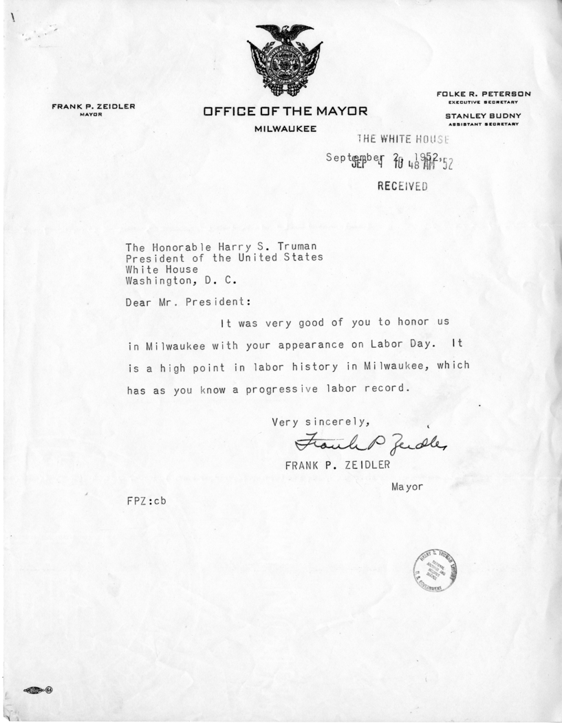 Correspondence Between Frank Zeidler and Harry S. Truman