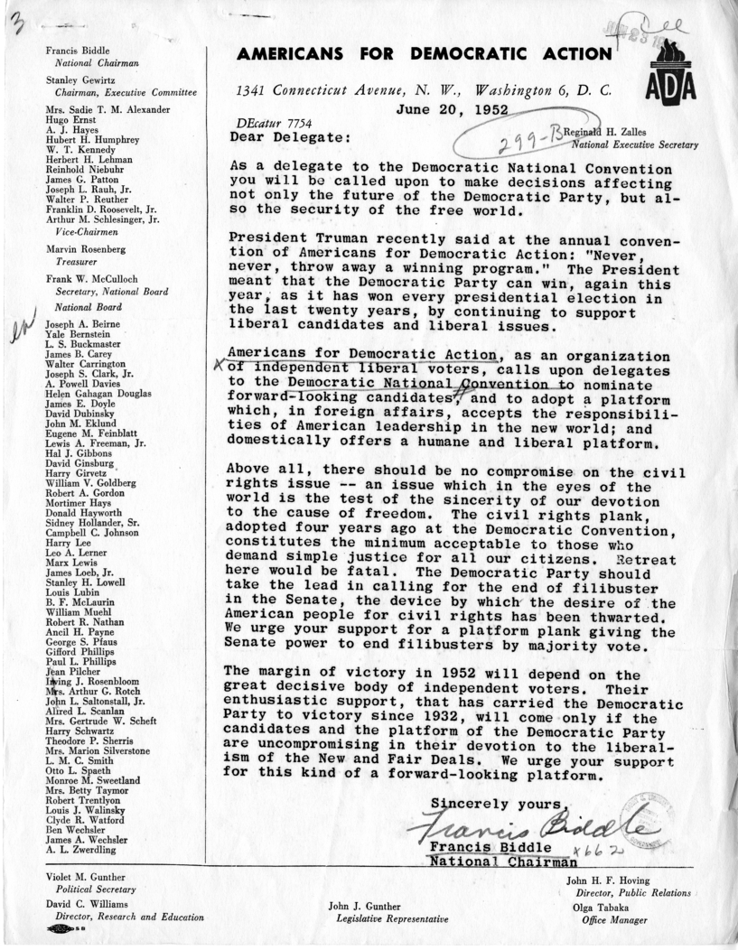 Form Letter From Francis Biddle, Americans for Democratic Action, to Democratic National Convention Delegates