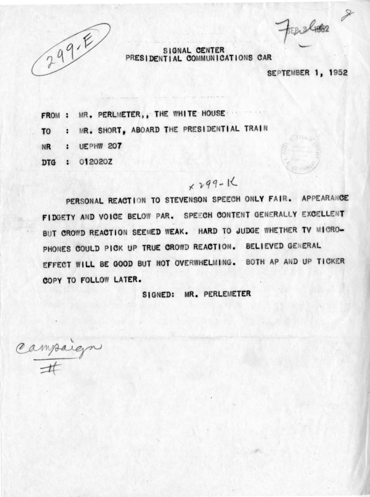 Telegram, Irving Perlmeter to Joseph Short