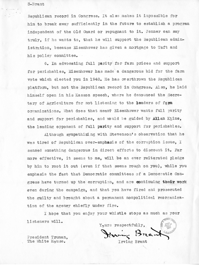 Correspondence Between Irving Brant and Harry S. Truman