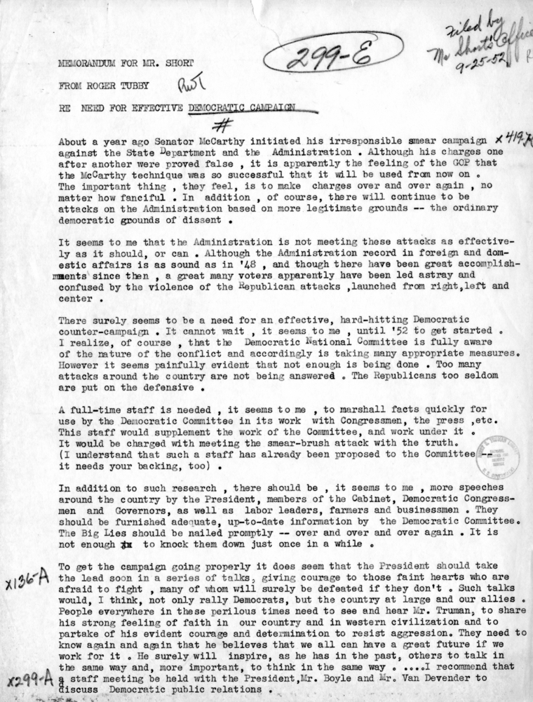 Memorandum, Roger Tubby to Joseph Short